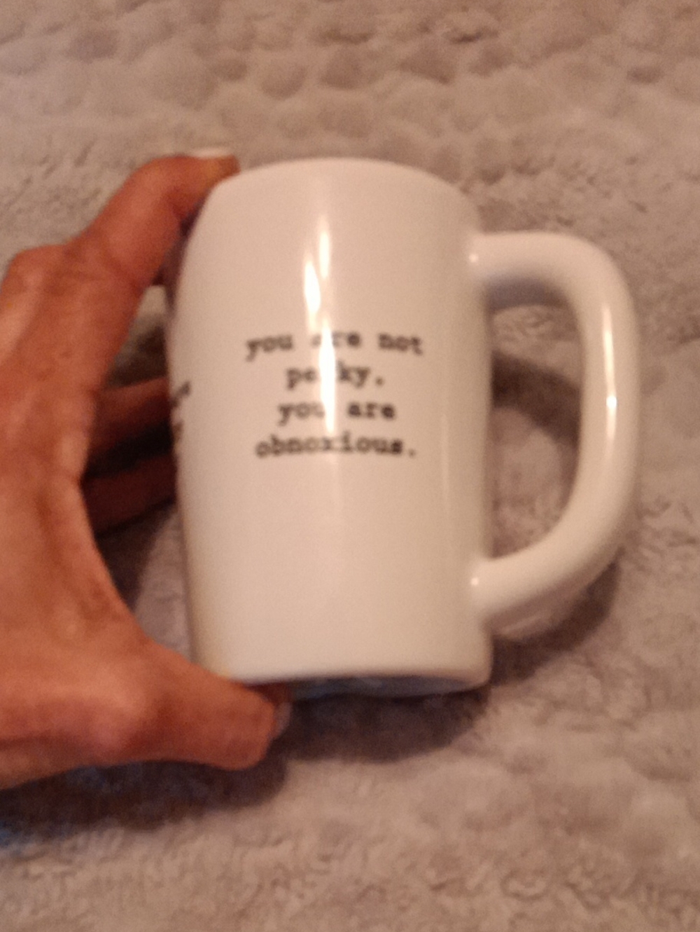 White Ceramic Coffee Mug with Black Text